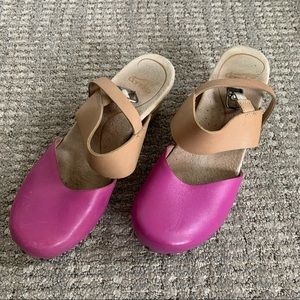 Discontinued Dansko Thea pink and tan mules